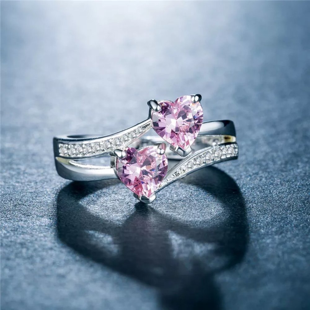 🎀925 Silver Plated Pink Double Heart-Shaped CZ Ring, MLNN1202
